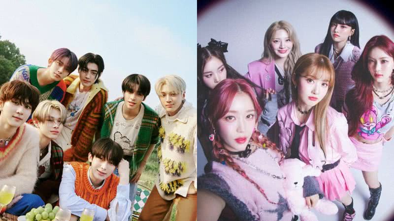 Enhypen em concept photo para o mini-álbum 'Orange Blood' e STAYC em concept teaser para "Teddy Bear" - Reprodução/High Up Entertainment/BELIFT LAB